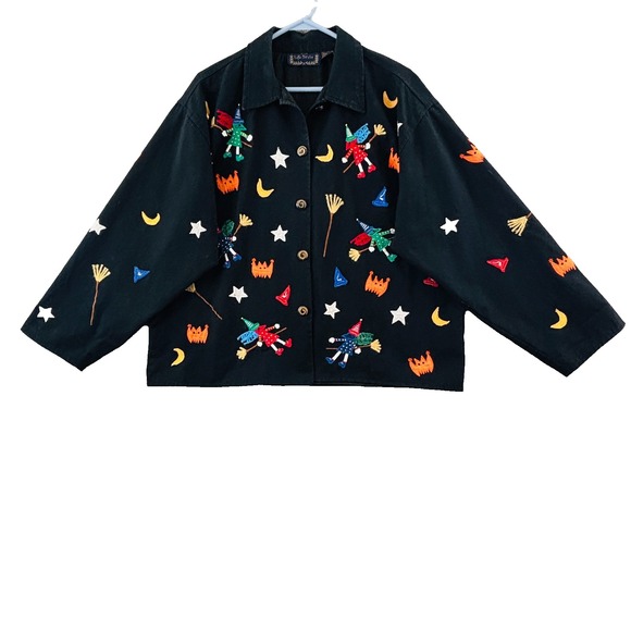 Jackets & Blazers - Halloween Witches Embroidered Button Jacket Womens XL Whimsical Life Style Vtg